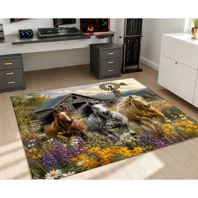 Farmhouse Rustic Horse Area Rug, Three Galloping Horses Floral Field Pattern, Realistic Animal Print Soft Floor Carpet, Non-Slip Indoor Home Decor for Living Room, Bedroom, Entryway, Kitchen, Apartment