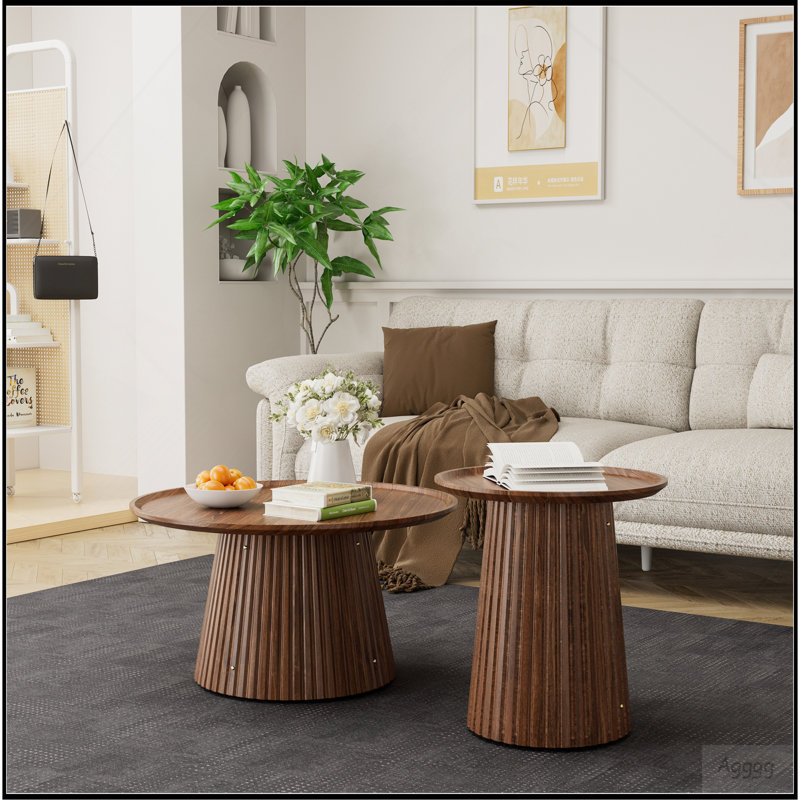 Ensemble de 2 tables basses rondes, grandes et petites tables centrales et d'appoint en bois, finition noyer moderne pour le salon et le bureau