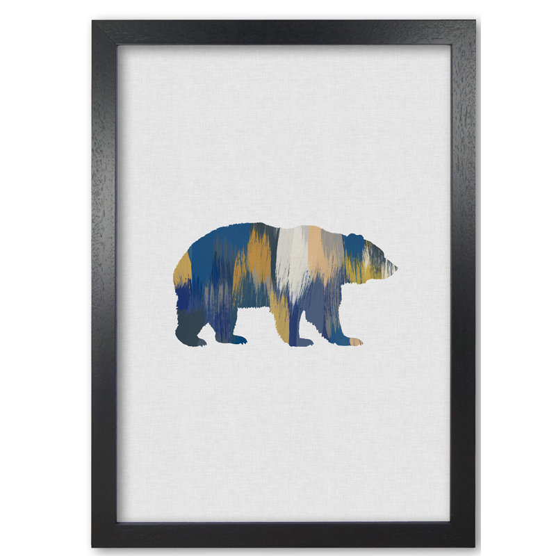 Bear Blue and Yellow Animal Art 1 Piece Wall Art, 42 cm H x 30 cm W x 5 cm D, Black Grain Frame