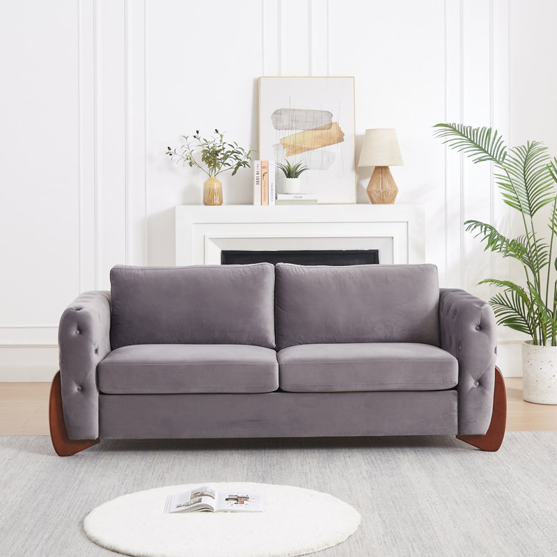 Canapé 84 po en velours 84 po, capitonné, pieds en bois courbés, 2 pièces, Noir