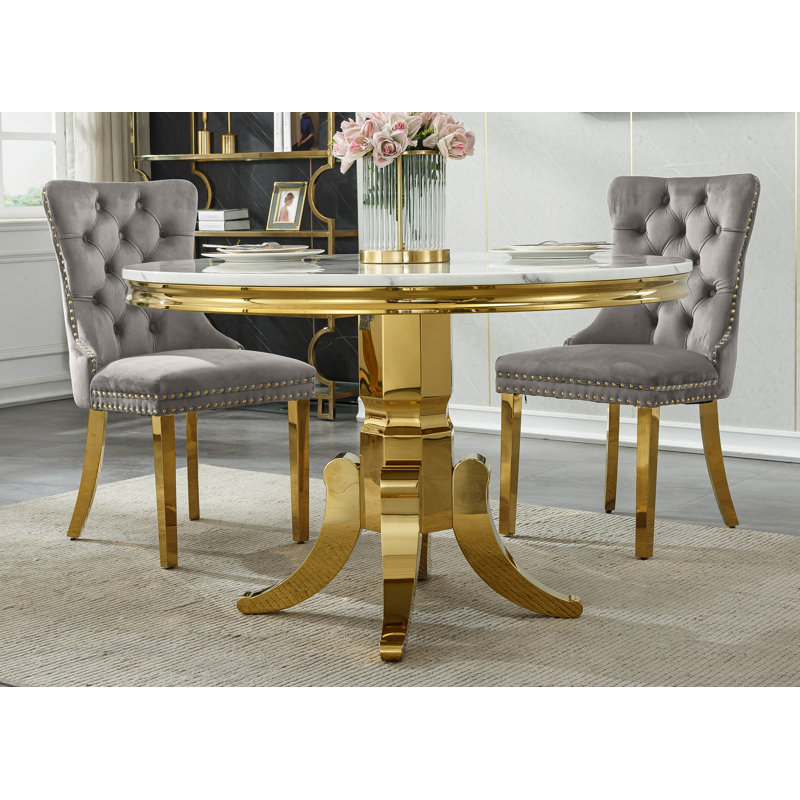 44.88" Round Dining Table Set for , Kitchen Table with Faux Marble Top, Dining Room Table & Velvet Chairs with Stainless Steel Pedestal, Piece Dining Table Set