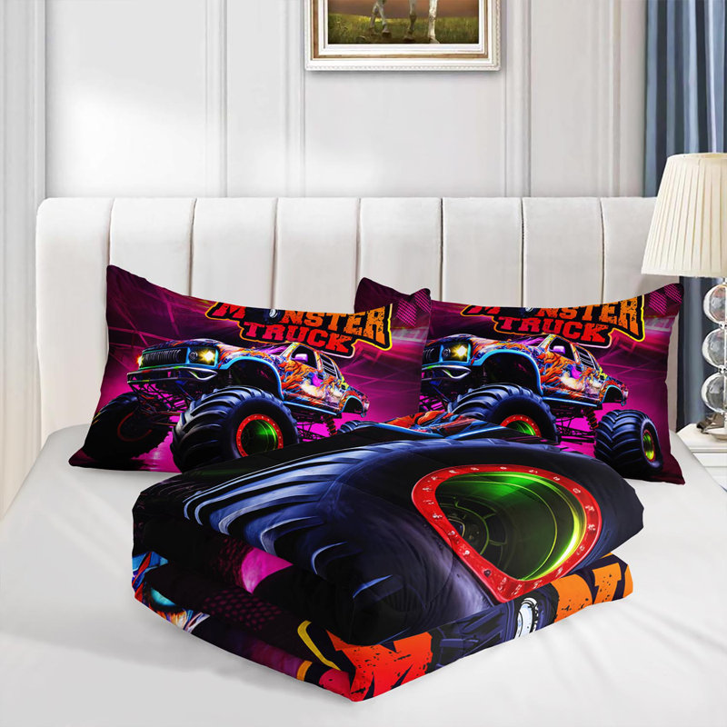 Ensemble d'édredon Monster Truck, ensemble de literie pour garçon avec 2 taies d'oreiller, literie douce et lavable à la machine, édredon toutes saisons pour le décor