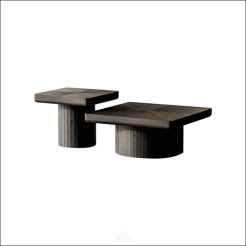 Ensemble de tables basses modernes en bois, 2 pièces avec piédestal cylindrique et cannelé, centre minimaliste et table d'appoint pour la décoration Wabi-Sabi