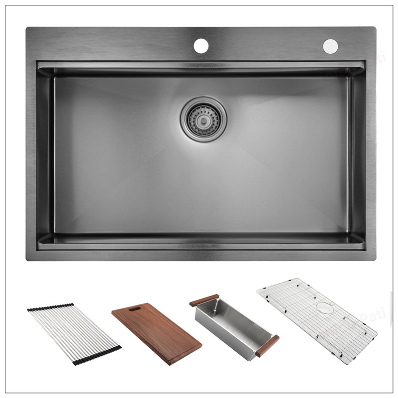 36 Inch Drop-in Workstation Kitchen Sink with Accessories, Gunmetal Black, 16 Gauge Stainless Steel, Single Bowl
