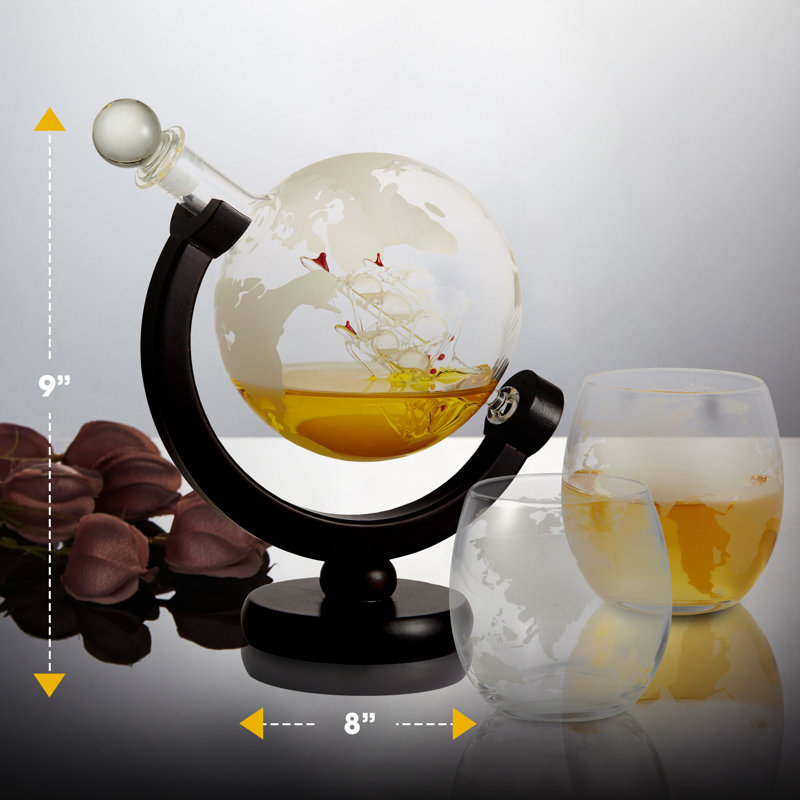 Globe  Whiskey Decanter And 2 Cups Set With Wood Base