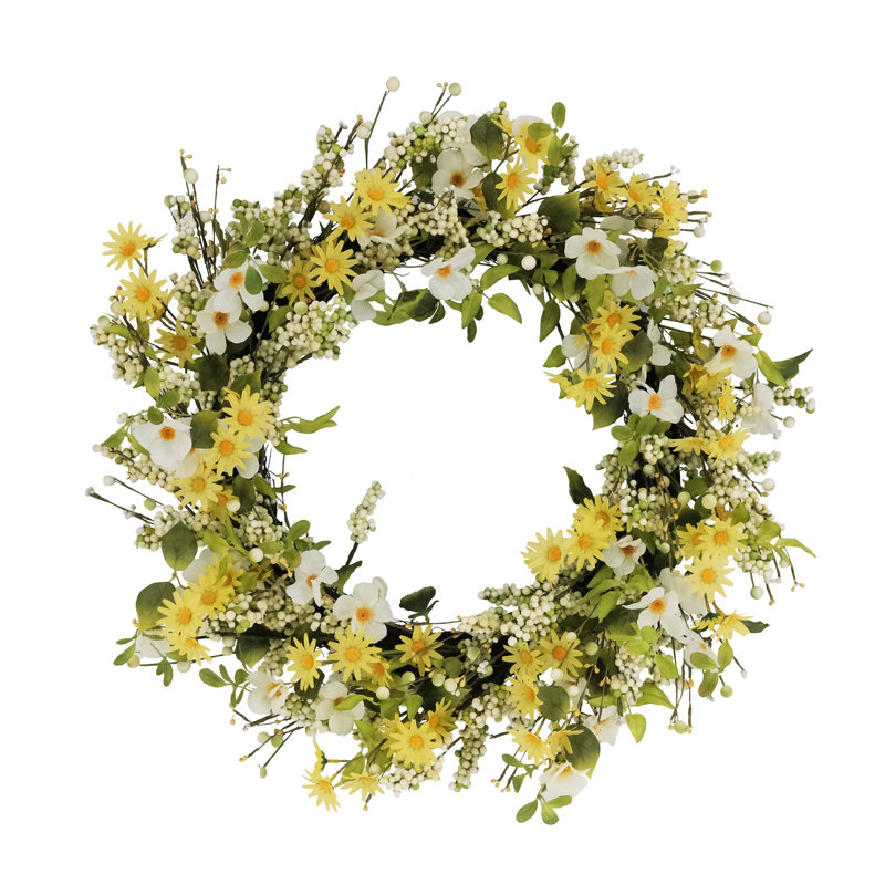 Couronne de printemps artificielle 30 po cornouiller et marguerite