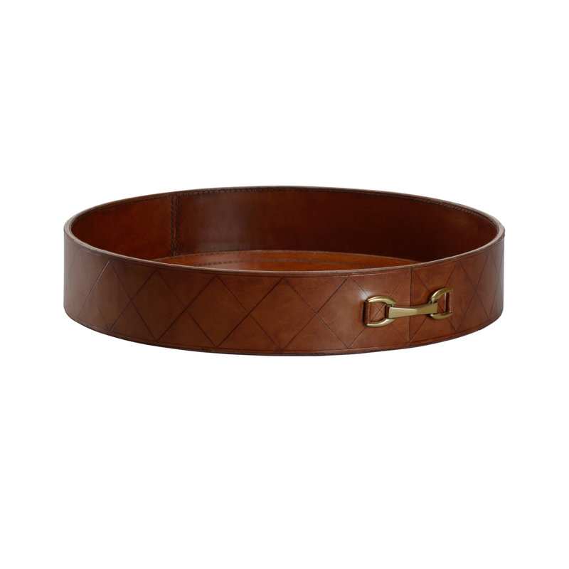 Plateau rond en cuir avec métal, H 2,5 po x l 14,5 po x P 14 po