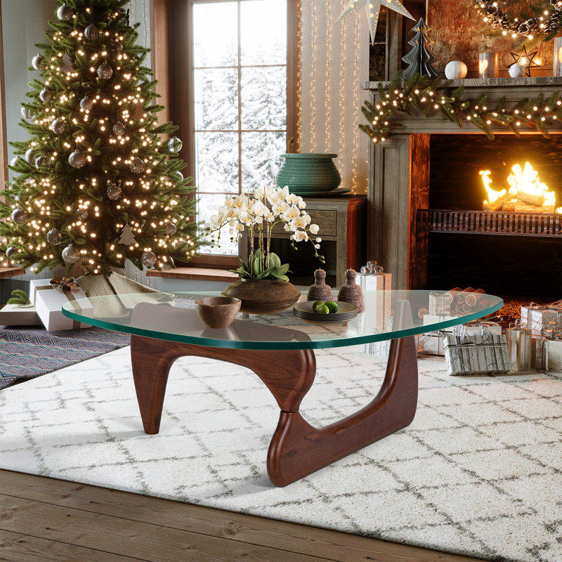 Table basse triangulaire en verre avec base en bois et plateau en verre transparent Mid-Century, Noyer foncé