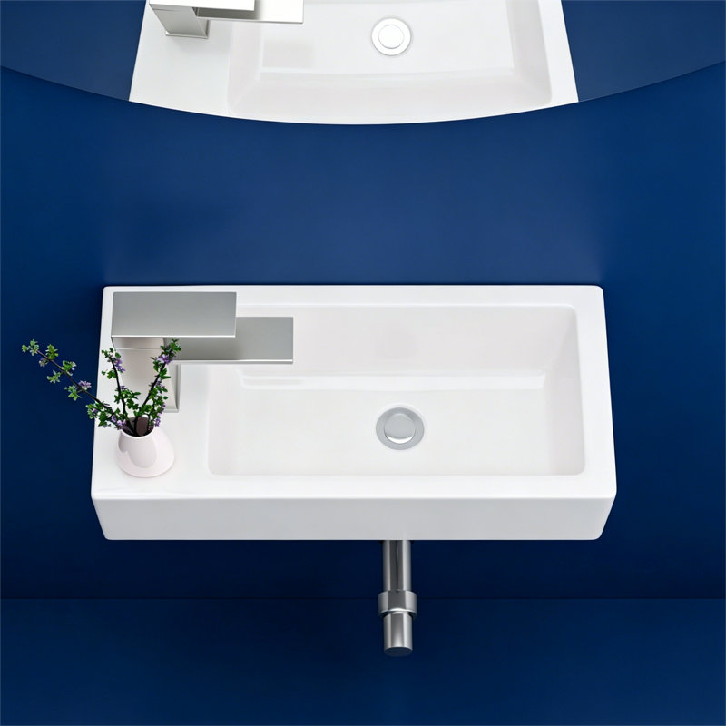 Topcraft White Ceramic Wall-Mounted Rectangular Bathroom Sink With Faucet Holes, 14.57 X 7.28 Inches