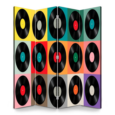 Paravent 4 panneaux à cloisons pliantes Royal Disque vinyle coloré Grille Pop Art Retro Platine vinyle