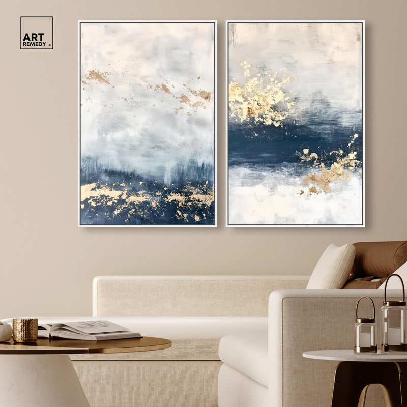 «Gilded Coastal Calm Blue Art», ensemble de 2 impressions sur toile par , H 37 po x l 25 po, Blanc