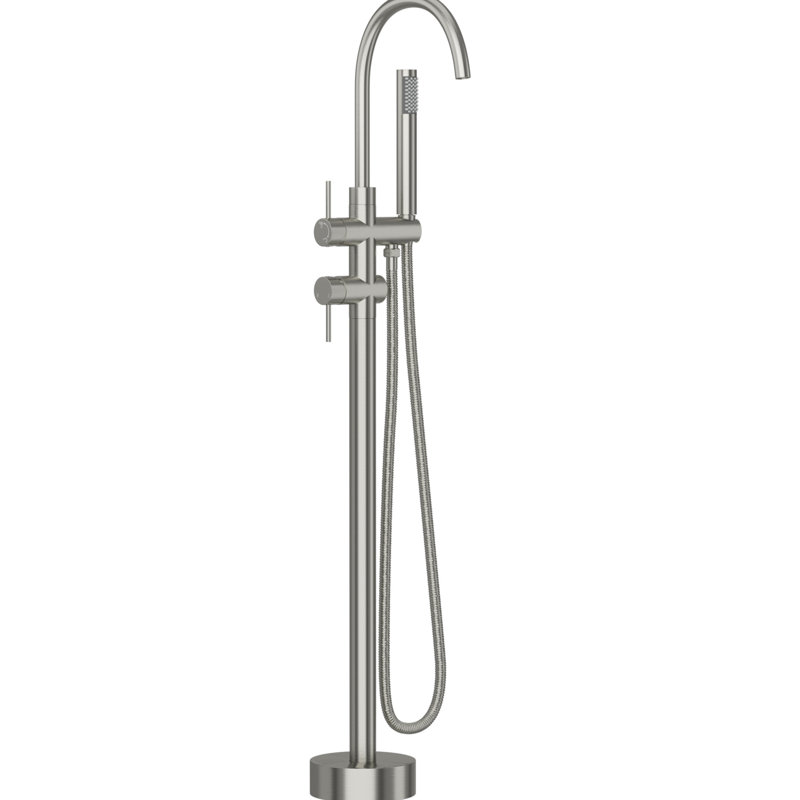 Robinet de baignoire autoportant à fixation au sol en nickel brossé, commande à deux poignées, robinet de baignoire en acier inoxydable Kink, jet d'eau douce, douche à main à jets multiples