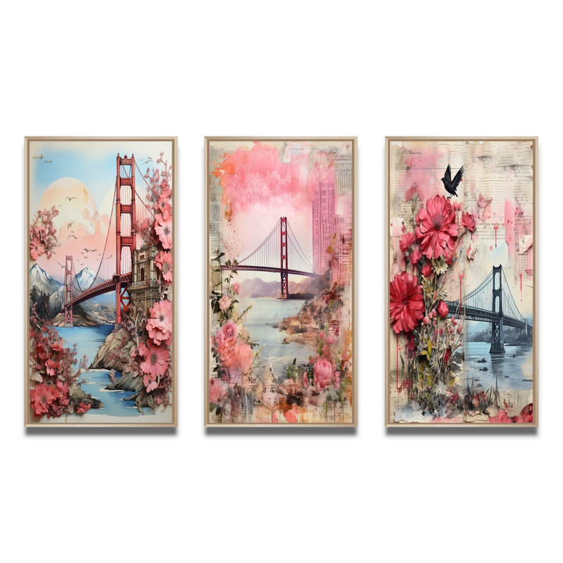 «Golden Gate San Francisco Retro Pink Collage II», 3 pièces, Cadre naturel flottant, H 32 po x l 48 po