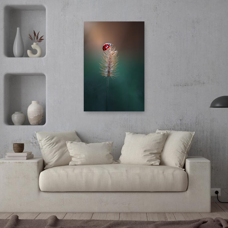 Red Ladybug Perched Delicate Peaceful Serene Ladybug Nature Plant Wall Art Print 1 Piece Wrapped Canvas Wall Art
