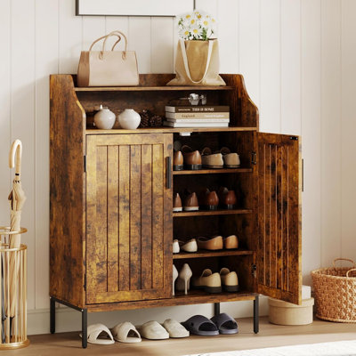 Rangement pour chaussures pour le vestibule, armoire à chaussures brune à 5 niveaux avec portes et 3 tablettes réglables, étagère à chaussures en bois de 41 po pour garde-robe, range-chaussures moderne pour le vestibule, le couloir et le salon