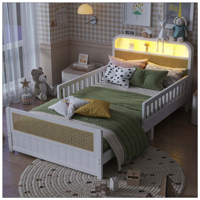 Structure de lit en rotin avec lumières DEL et tête de lit avec rangement, Lit simple, Blanc
