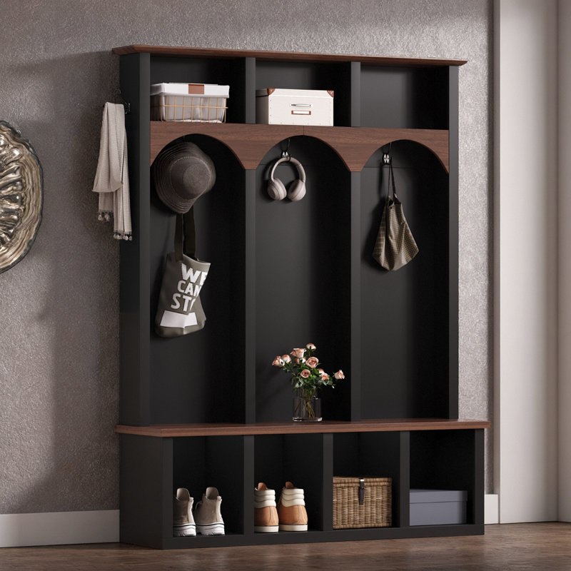 Farmhouse Arched Hall Tree Bench with 5 Hooks & 7 Cubbies - Walnut Storage Shoe Cabinet for Entryway, Black