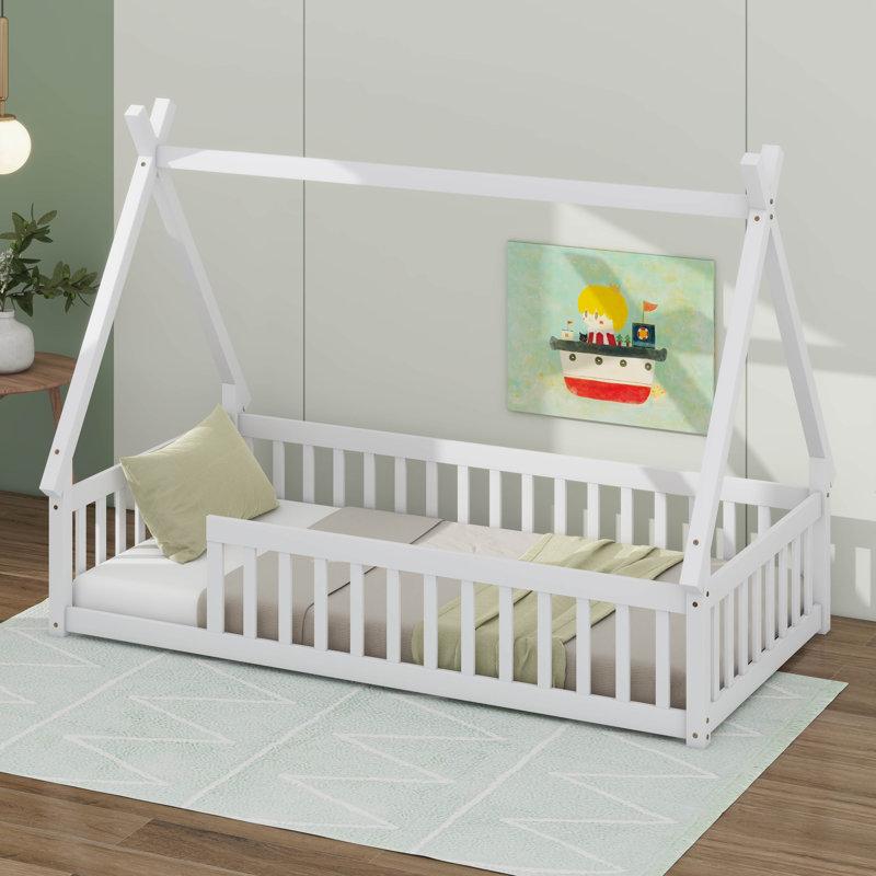 Lit simple en bois en forme de tente avec garde-corps, Blanc