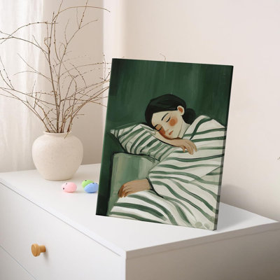 Vintage Sleeping Woman Canvas Wall Art Print Woman Green Striped Picture Painting Artwork Aesthetic Wall Decor For Home Living Room Women Bedroom 8X10 Framed