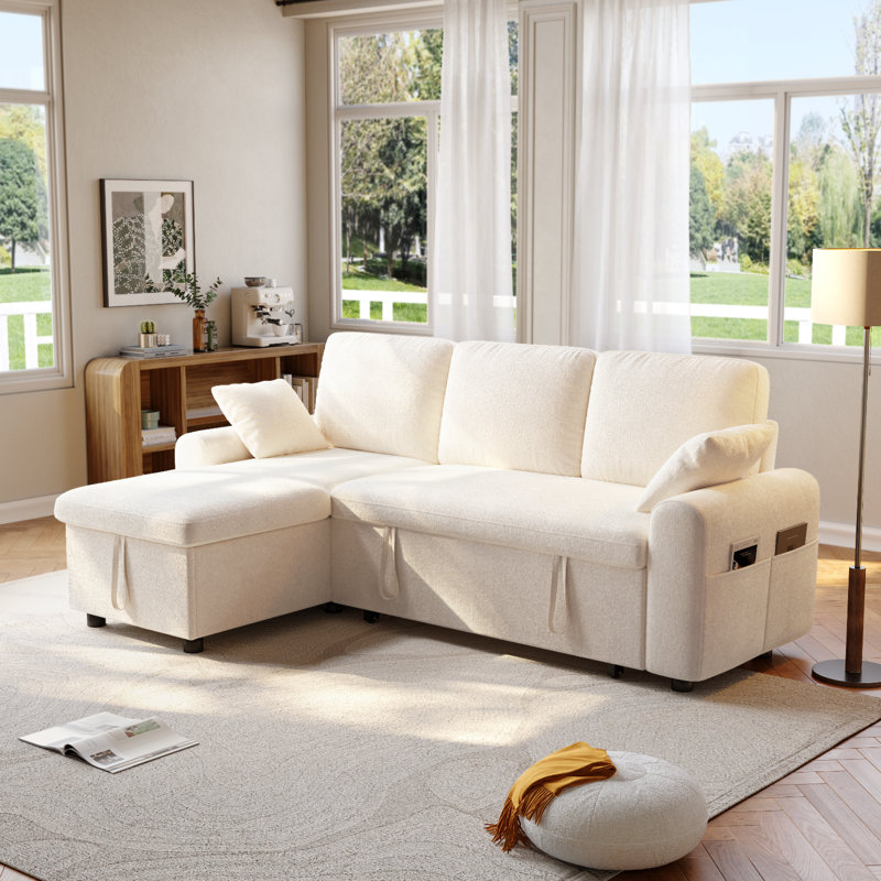 85" Wide Fabric Sectional Sleeper Sofa Pull Out Couch Bed With Storage Chaise For Living Room