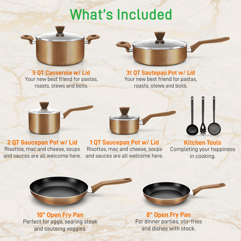 NutriChef 13-Piece Brown Nonstick Aluminum Cookware Set