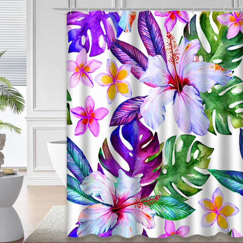 Fleurs d'hibiscus tropicales aquarelle perroquet floral blanc avec 12 crochets, L 72 po x l 78 po