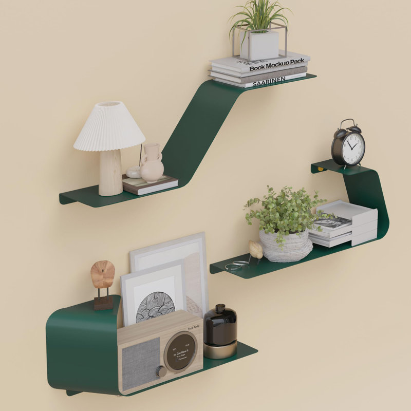 Floating Shelves, Wall Shelf, Set Of 3 Wall Mounted Metal Shelves With Unique Design For Wall Storage, Book Shelf, Display Shelves Green
