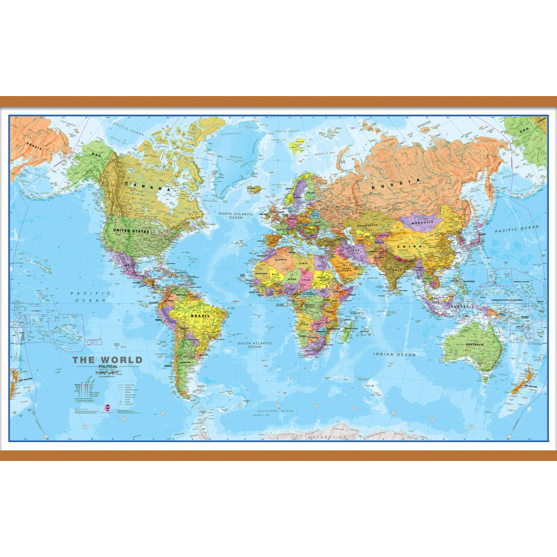 Medium World Wall Map Political 1 Piece Single Picture Frame Wall Art, 90.1cm H x 118.9cm W x 0.5cm D, Brown Framed