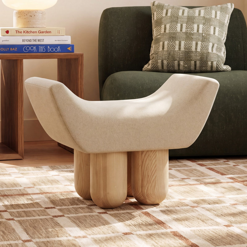 Lydie Upholstered Ottoman, Light Brown Fabric