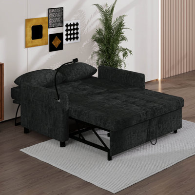 Canapé-lit convertible de 56,9 po, canapé-lit coulissant avec coussin de dossier réversible, poches latérales, deux ports USB et un support pour téléphone
