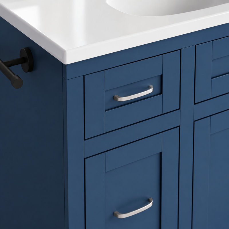 Meuble-lavabo bleu marine de 123 cm (48,36 po) avec lavabo en céramique, 6 tiroirs, tiroir central à ouverture latérale, portes à fermeture amortie, porte-serviettes réversible, MDF