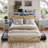 Farmhouse Bed Frame Queen With Bookshelf Headboard And 2 Drawers, Platform Queen Bed With Led Lights And Charging Station, Grey