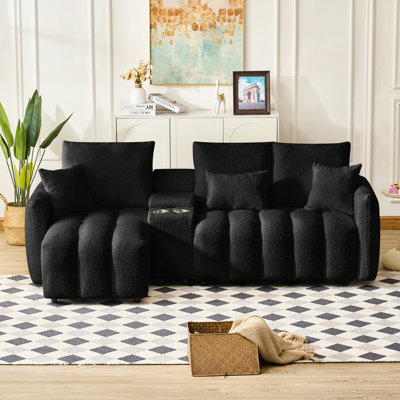 Nuage modulaire 91,7 po avec console, porte-gobelet, porte-gobelet noir et espace pour appartement, tissu doux, dossiers confortables, structure en bois