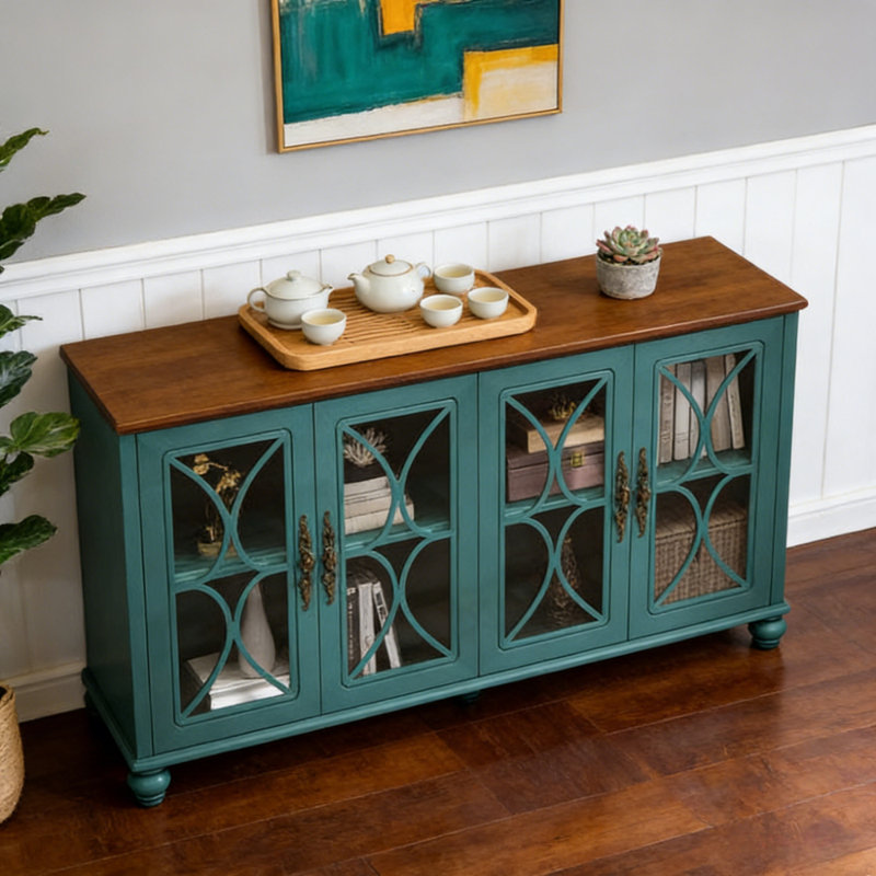 Armoire de rangement élégante avec portes en verre trempé, Sarcelle