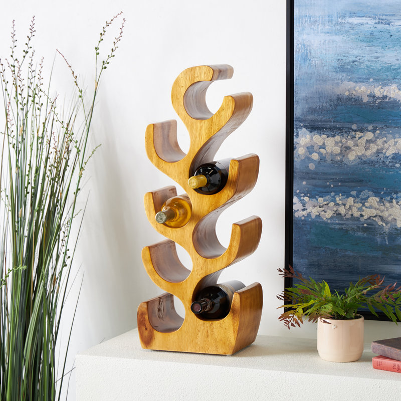 Teak Wood Curved Tree Shaped 6 Bottle Brown Wine Rack, 8