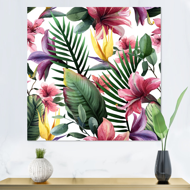 Fleurs tropicales rouges sur fond blanc II - reproduction d'art sur toile traditionnelle, H 36 po x l 36 po x P 1 po