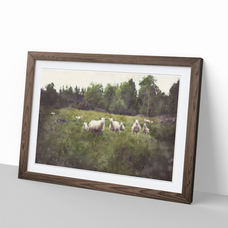Curious Sheep - Picture Frame Painting, Walnut Framed, 36cm H x 48cm W x 2cm D