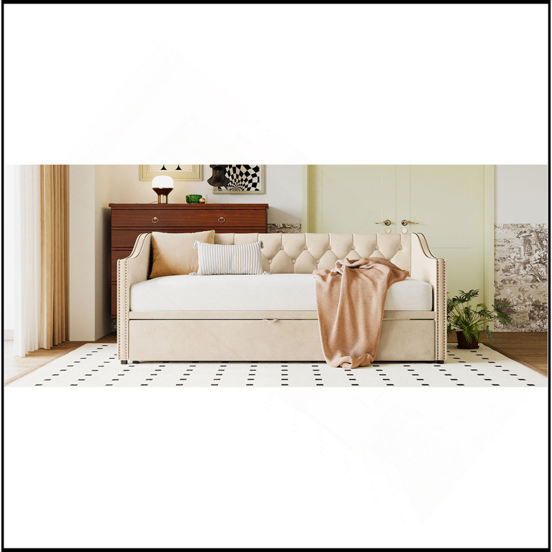 Lit de jour simple rembourré avec lit gigogne, Beige