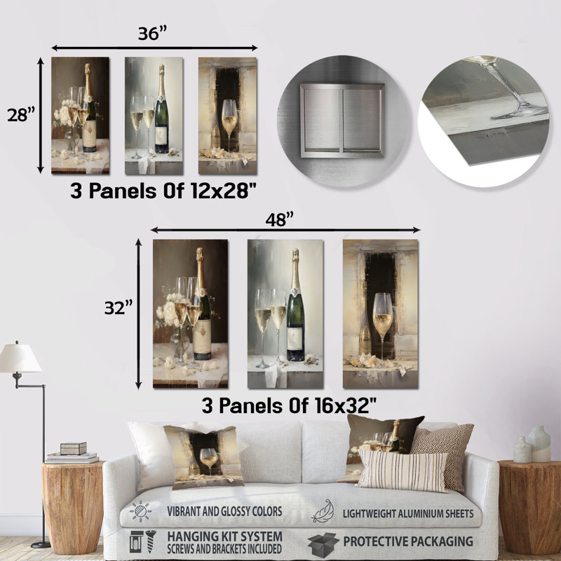 Legacys Lure Champagne And Glass - Champagne Metal Wall Art Prints Set Of 3, 32" H x 48" W