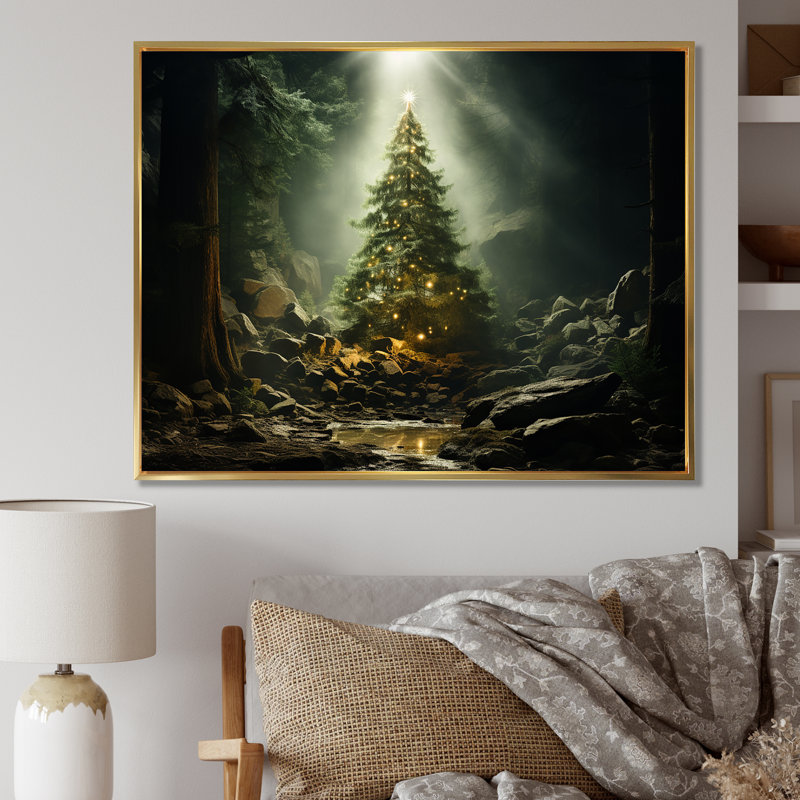 Arbre de Noël vert magique - décoration murale paysage d'hiver, Cadre flottant doré, H 34 po x l 44 po x P 1,5 po
