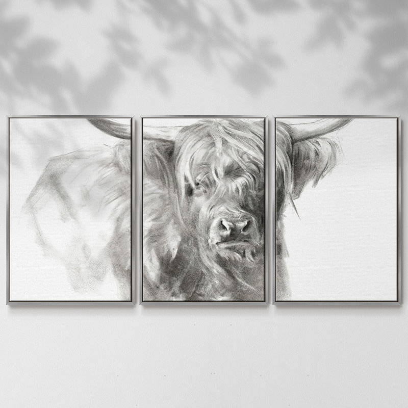 3 bovins Softland Highland Soft Focus, Encadrement argenté, H 24 po x l 48 po x P 2 po