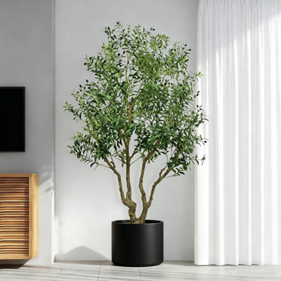Artificial Olive Tree, 8FT Faux Potted Tree With Natural Trunk And Lifelike Olive Leaves And Fruit, Living Room Decorative Plant With Pot