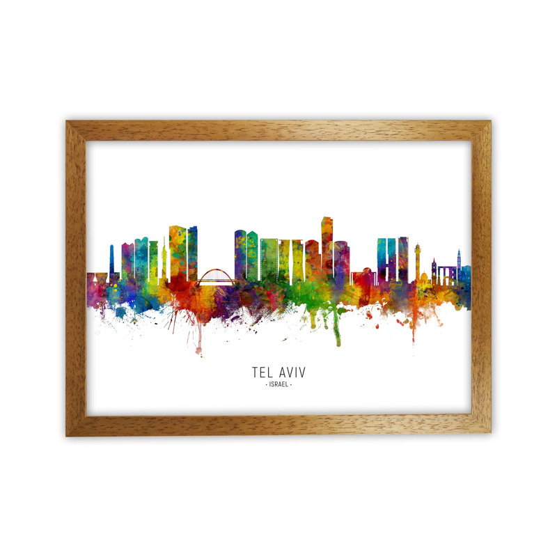 Tel Aviv Israel Skyline by Michael Tompsett - Print, Brown Framed, 34cm H x 46cm W x 3cm D