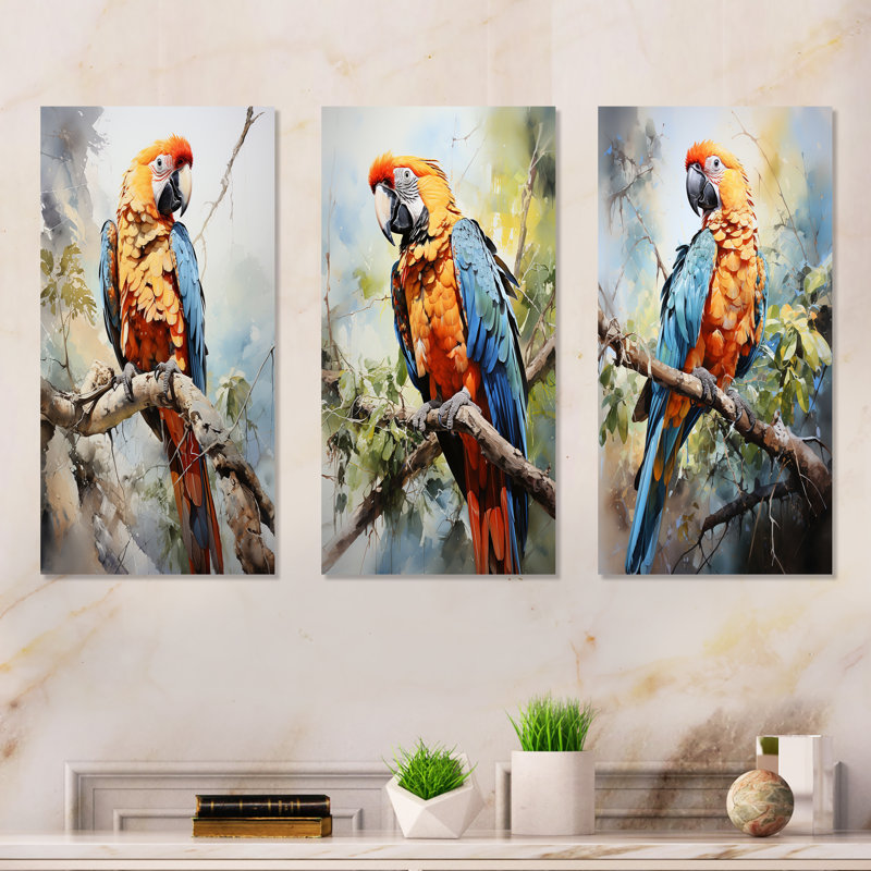 «Parrots Sunny Companions Delight», ensemble de 3 reproductions d'art mural en métal, H 28 po x l 36 po