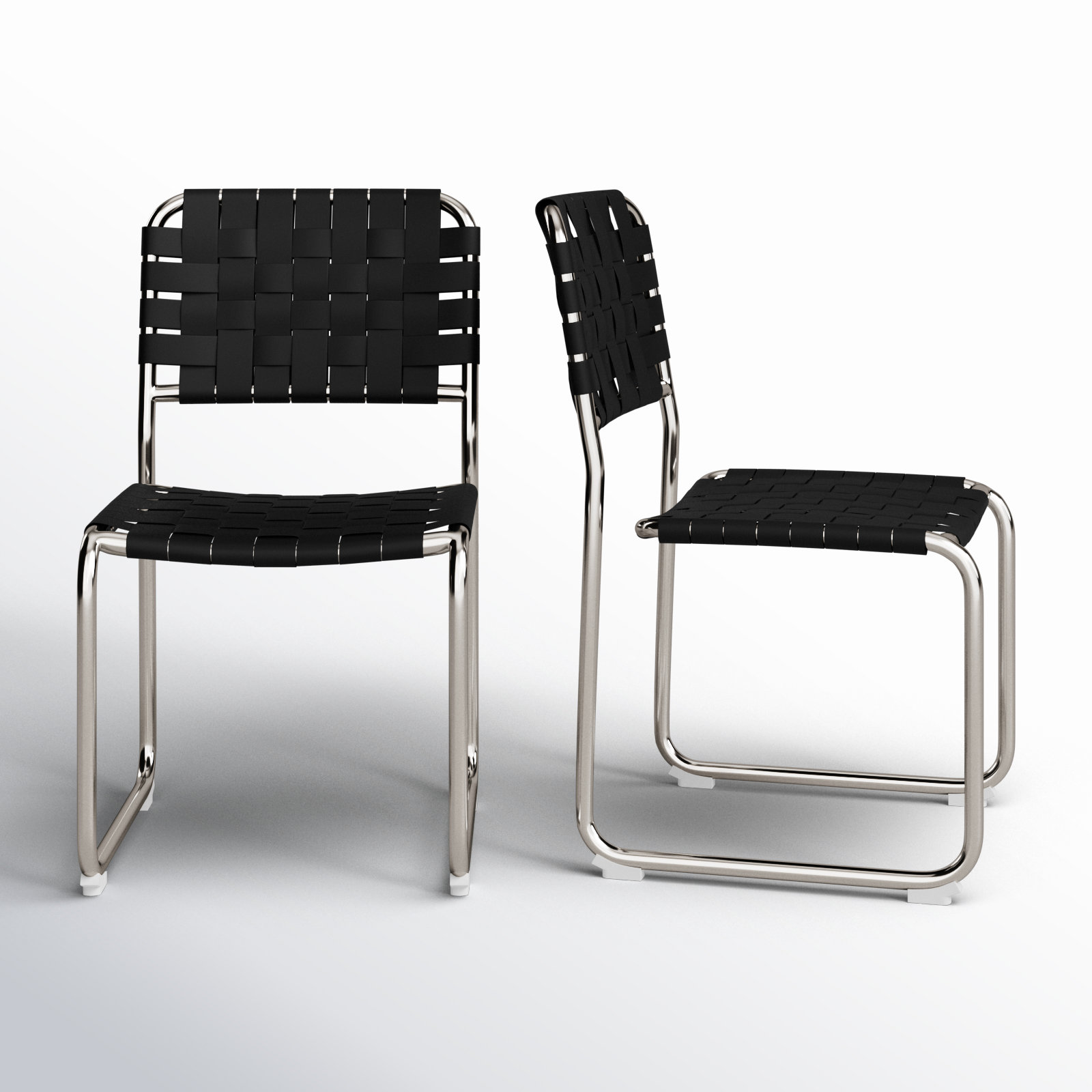 Bailee Woven Leather Cantilever Dining Chair, Black Top Grain Leather, Silver
