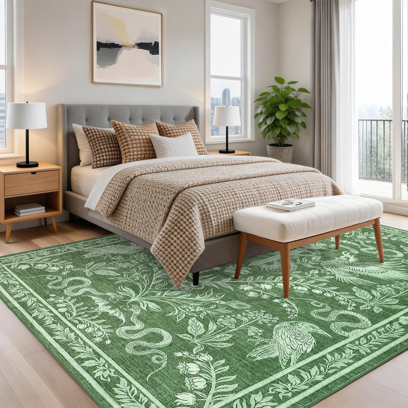 Tapis lxt-lavable Tapis lavable à la machine Lavable Boho, Green, Rectangle 5' x 7'