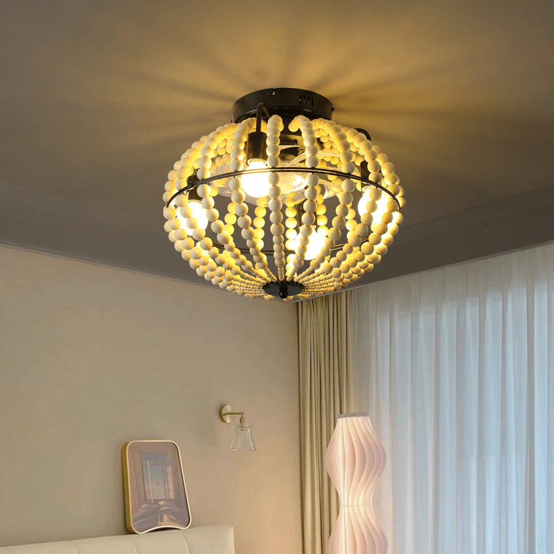 Ventilateur de plafond de 18 po en bois perlé avec lumière, ventilateur de plafond encastré en cage, luminaire de ferme rustique à profil bas pour décoration intérieure (silencieux / 6 vitesses / réversible / moteur à courant continu) (sans ampoules)