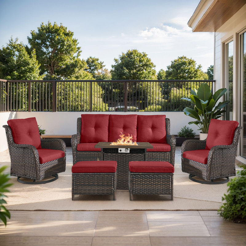 Wendye 6-Piece Outdoor Furniture Sofa Set With 2 Swivel Chairs, 2 Ottomans & 55K BTU Fire Pit Table, Brown, Red