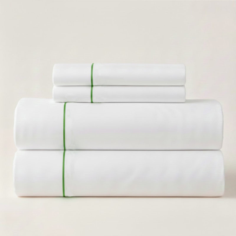 400TC Single Embroidery Sateen Solid Cotton 4 Piece Sheet Set Fitted Sheet Fits Upto 16" Deep Pocket, White/Green
