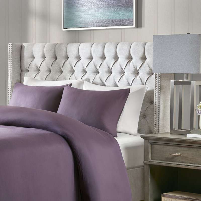 Upholstered Headboard With Classy Appearance, Button Tufting, Nailhead Trim, Black Legs, Grey , 68.47"W Upholstery In Grey, , Double , Adjustable Metal Frame, Queen Size